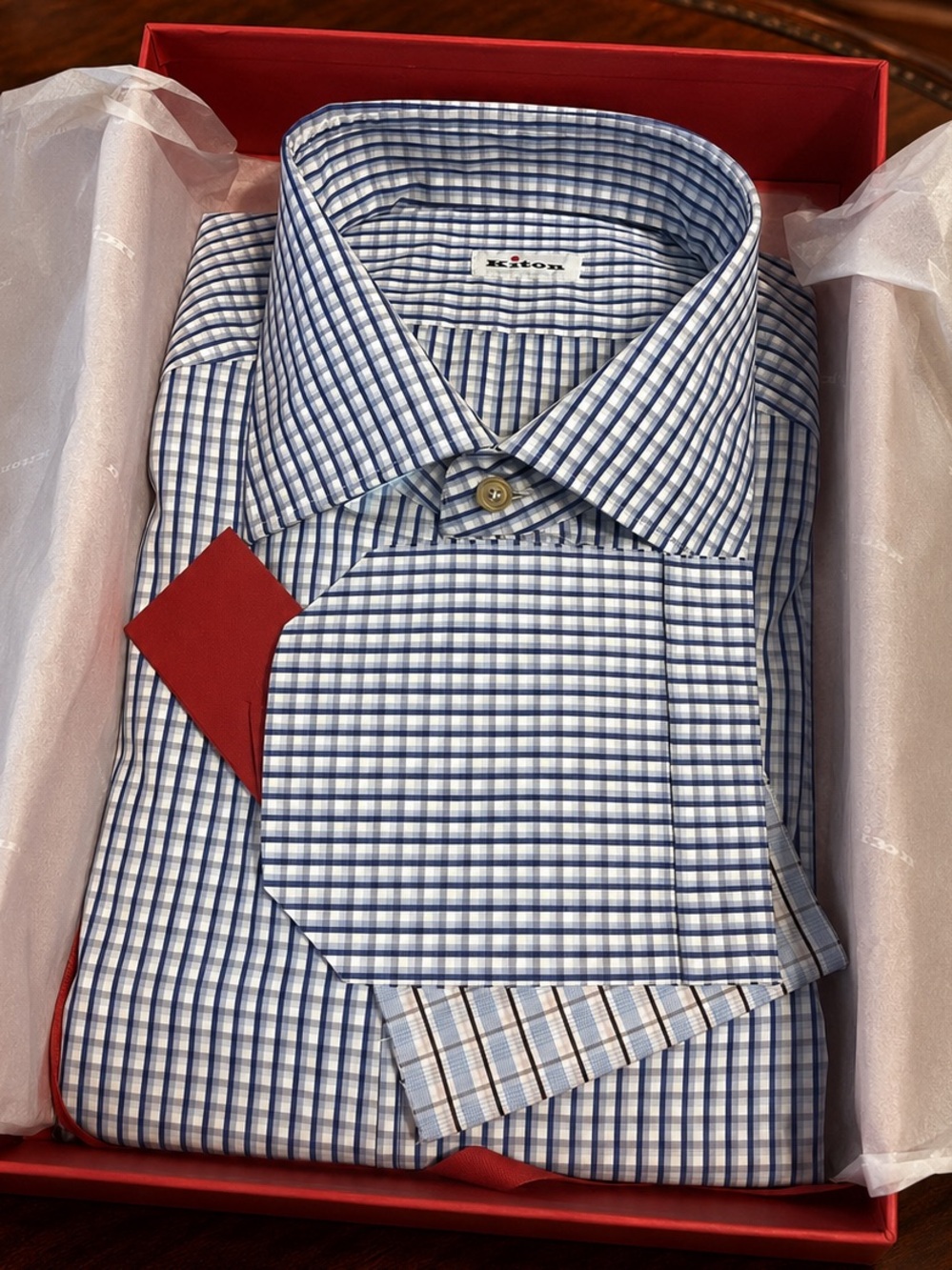 Bespoke Kiton Premium Dress Shirt in Navy & Light Blue Check on a White Ground